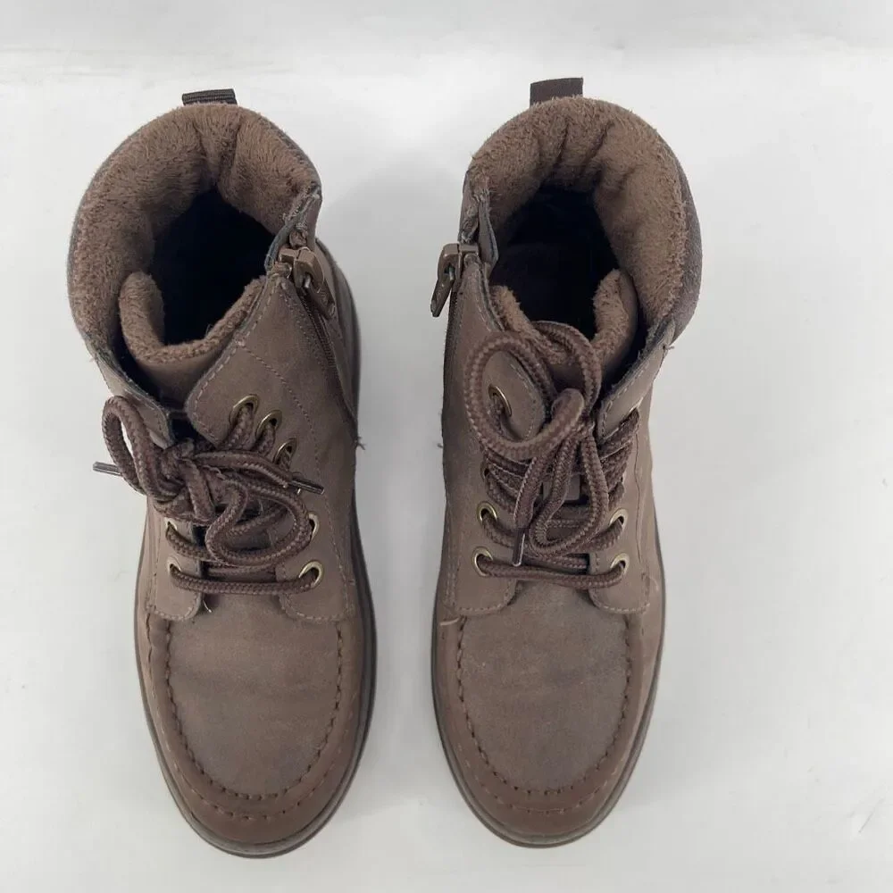 H&M Boys Size 1 Brown Faux Suede Moc Toe Lace Up Zip Chunky Sole Utility Boots